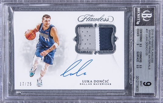 2018-19 Panini Flawless Signature Prime Materials #31 Luka Doncic Signed Game Used Patch Rookie Card (#17/25) – BGS MINT 9/BGS 10